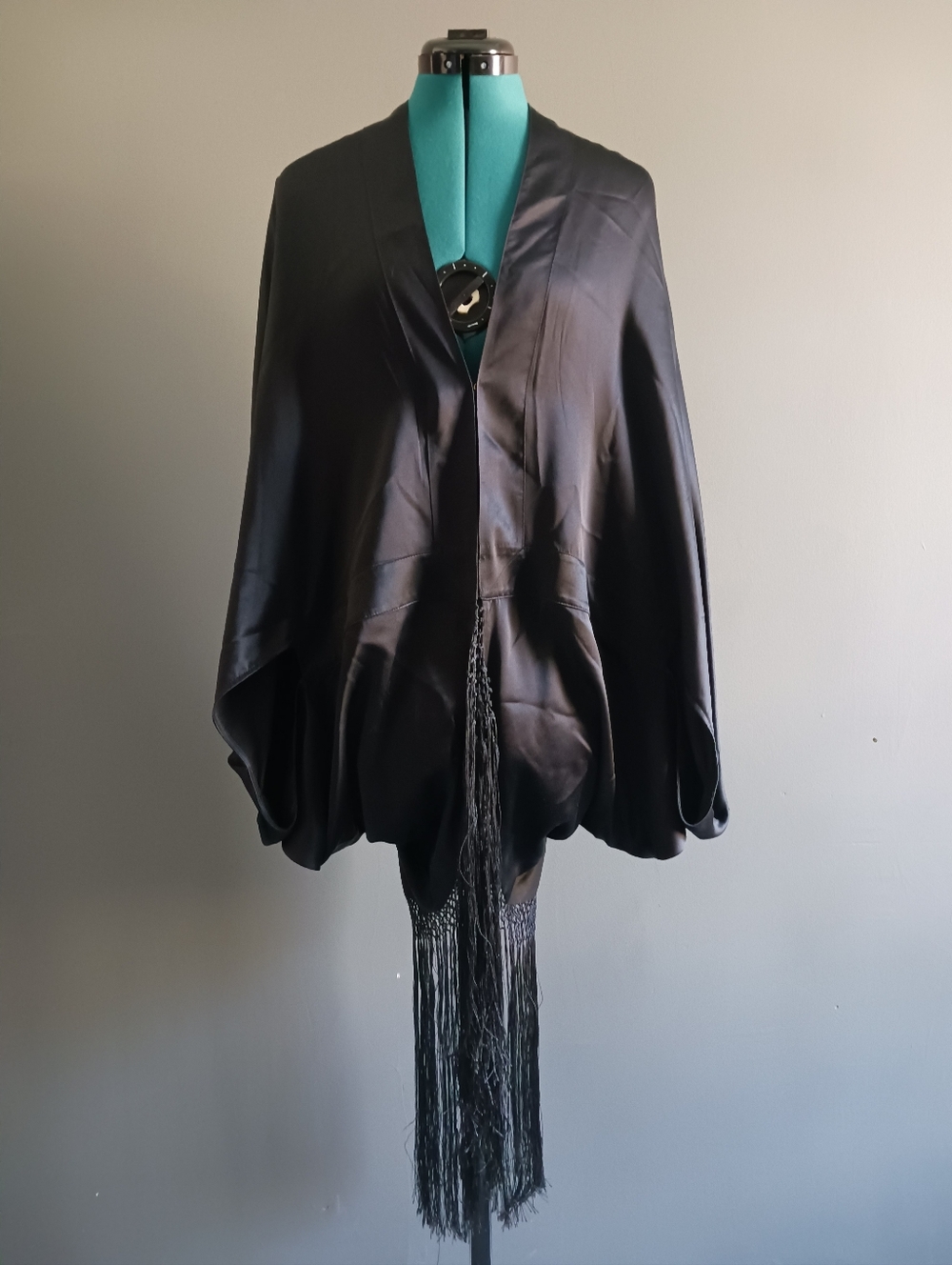 MORPHEW COLLECTION Black Silk Charmeuse Cocoon With Fringe Size 6